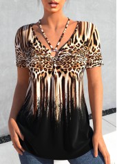 ROTITA Circular Ring Leopard Black V Neck T Shirt