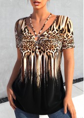 Black tops,Leopard tops,Animal Print tops,ROTITA Circular Ring Leopard Black V Neck T Shirt
