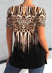Black tops,Leopard tops,Animal Print tops,ROTITA Circular Ring Leopard Black V Neck T Shirt