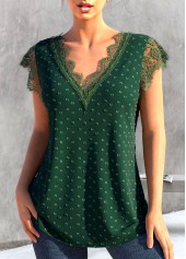 Green tops,Plain Color tops,ROTITA Patchwork Green V Neck Short Sleeve T Shirt