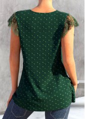 Green tops,Plain Color tops,ROTITA Patchwork Green V Neck Short Sleeve T Shirt