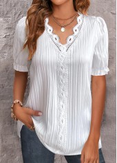 White tops,Plain Color tops,ROTITA Lace White V Neck Short Sleeve Blouse