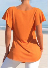Orange tops,Plain Color tops,ROTITA Lace Orange Split Neck Short Sleeve T Shirt