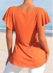 Orange tops,Plain Color tops,ROTITA Lace Orange Split Neck Short Sleeve T Shirt