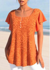 Orange tops,Plain Color tops,ROTITA Lace Orange Split Neck Short Sleeve T Shirt