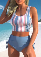 Dusty Blue swimwear,Striped swimwear,Geometric swimwear,ROTITA Drawstring Dusty Blue Multi Stripe Print Bikini Set