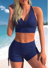 Navy swimwear,Plain Color swimwear,ROTITA Three-piece Navy Mid Waisted Tankini Set