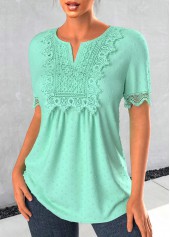 Mint Green tops,Plain Color tops,ROTITA Patchwork Mint Green Split Neck Short Sleeve Blouse