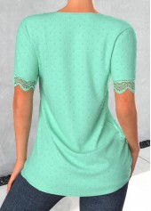 Mint Green tops,Plain Color tops,ROTITA Patchwork Mint Green Split Neck Short Sleeve Blouse