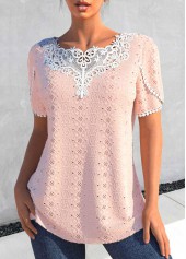 Dusty Pink tops,Plain Color tops,ROTITA Patchwork Dusty Pink Round Neck T Shirt