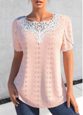 ROTITA Patchwork Dusty Pink Round Neck T Shirt