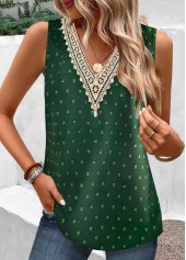 Green tops,Plain Color tops,ROTITA Lace Green V Neck Tank Top