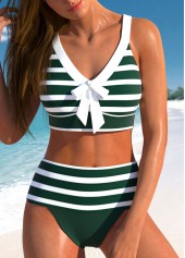 ROTITA Patchwork Blackish Green Striped High Waisted Bikini Set