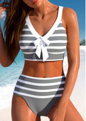 Grau gestreiftes Rotita-Patchwork-Bikini-Set mit hoher Taille