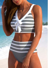 Grey swimwear,White swimwear,Striped swimwear,Contrast Color swimwear,ROTITA Patchwork Grey Striped High Waisted Bikini Set