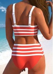 Coral swimwear,Striped swimwear,Contrast Color swimwear,ROTITA Patchwork Coral Striped High Waisted Bikini Set