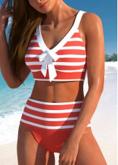 Coral swimwear,Striped swimwear,Contrast Color swimwear,ROTITA Patchwork Coral Striped High Waisted Bikini Set
