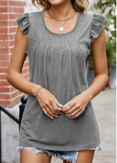Grey tops,Plain Color tops,Ruched Grey Round Neck Short Sleeve T Shirt