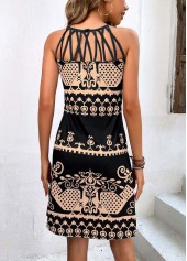 Black dresses,Tribal dresses,Plants dresses,Geometric dresses,Cage Neck Tribal Print Black Dress