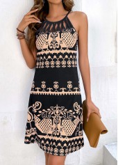 Black dresses,Tribal dresses,Plants dresses,Geometric dresses,Cage Neck Tribal Print Black Dress