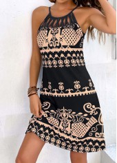 Cage Neck Tribal Print Black Dress