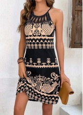 Black dresses,Tribal dresses,Plants dresses,Geometric dresses,Cage Neck Tribal Print Black Dress