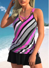 Black swimwear,Striped swimwear,Geometric swimwear,ROTITA Circular Ring Black Striped Mid Waisted Tankini Top