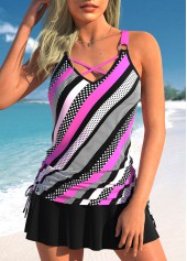 Circular Ring Black Striped Mid Waisted Tankini Set