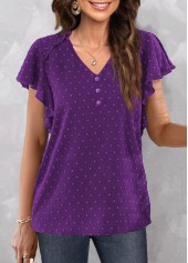 ROTITA Button Purple V Neck Short Sleeve Blouse