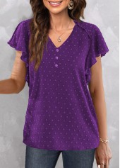Purple tops,Plain Color tops,ROTITA Button Purple V Neck Short Sleeve Blouse