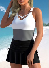Black swimwear,White swimwear,Contrast Color swimwear,ROTITA Drawstring V Neck Black Tankini Top