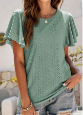 Ruffle Green Round Neck Short Sleeve T Shirt