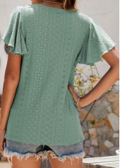 Green tops,Plain Color tops,Ruffle Green Round Neck Short Sleeve T Shirt