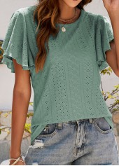 Green tops,Plain Color tops,Ruffle Green Round Neck Short Sleeve T Shirt
