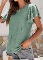 Green tops,Plain Color tops,Ruffle Green Round Neck Short Sleeve T Shirt