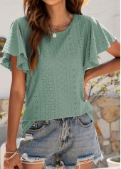 Green tops,Plain Color tops,Ruffle Green Round Neck Short Sleeve T Shirt
