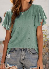 Green tops,Plain Color tops,Ruffle Green Round Neck Short Sleeve T Shirt