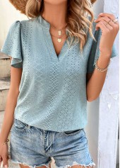 Dusty Blue tops,Plain Color tops,Dusty Blue Split Neck Short Sleeve T Shirt