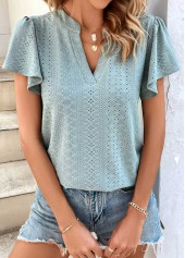 Dusty Blue tops,Plain Color tops,Dusty Blue Split Neck Short Sleeve T Shirt