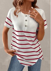 ROTITA Button Striped Wine Red Round Neck T Shirt