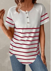 Wine Red tops,White tops,Striped tops,ROTITA Button Striped Wine Red Round Neck T Shirt