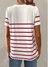 Wine Red tops,White tops,Striped tops,ROTITA Button Striped Wine Red Round Neck T Shirt