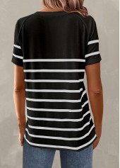 Black tops,Striped tops,ROTITA Button Striped Black Round Neck T Shirt