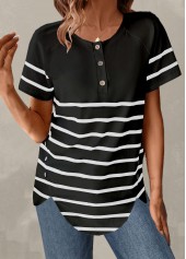 Black tops,Striped tops,ROTITA Button Striped Black Round Neck T Shirt