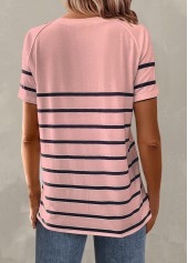 Light Pink plus size,Striped plus size,ROTITA Plus Size Button Light Pink Striped T Shirt