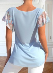 Light Blue tops,Plain Color tops,ROTITA Lace Light Blue Split Neck T Shirt