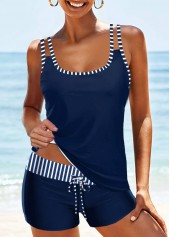 ROTITA Drawstring Navy Striped Mid Waisted Tankini Set