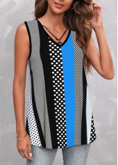 Black tops,Dot tops,Geometric tops,Striped tops,ROTITA Circular Ring Polka Dot Black Tank Top