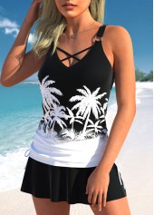 Black swimwear,White swimwear,Plants swimwear,Geometric swimwear,ROTITA Criss Cross Black Tropical Plants Print Tankini Top