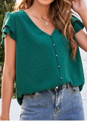 Green tops,Plain Color tops,Ruffle Green Button Detail V Neck Blouse